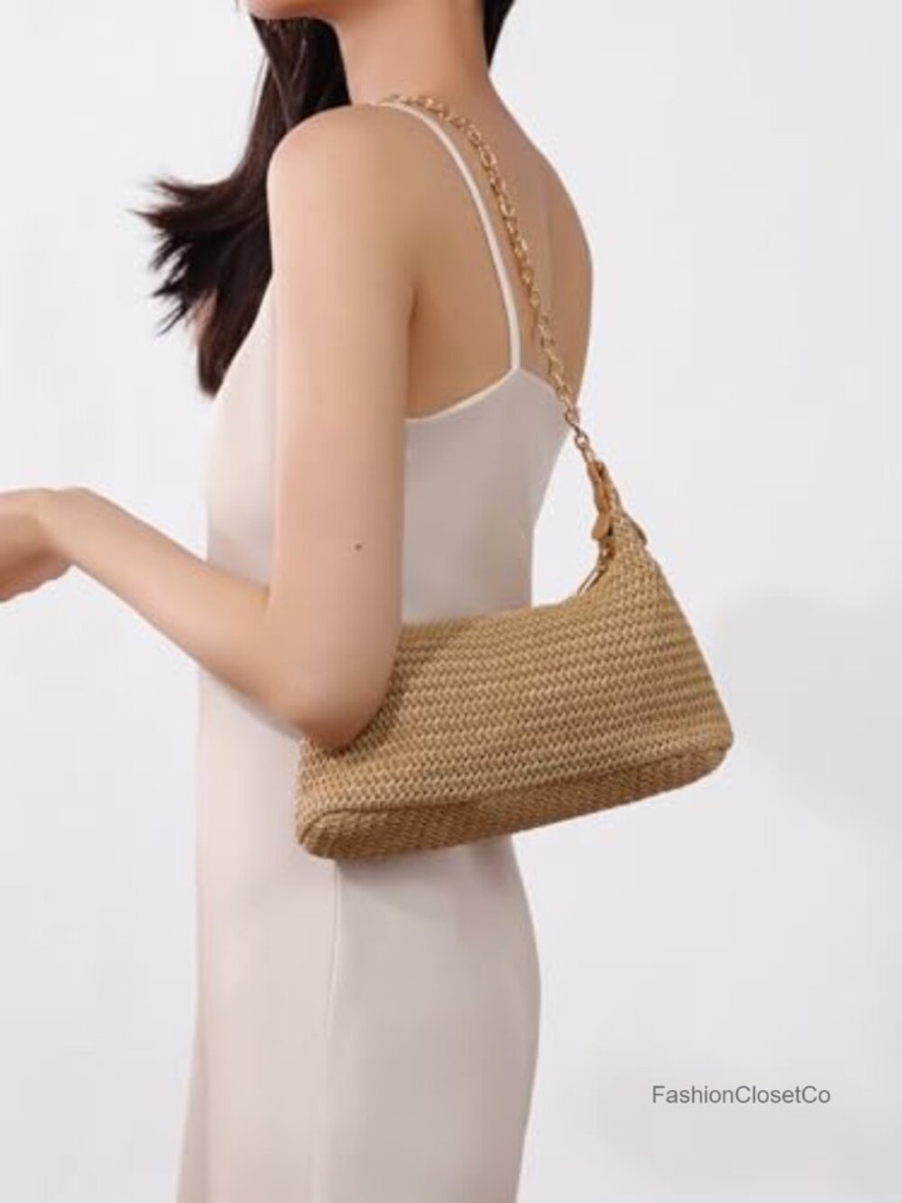 Straw Woven Beach Bag Summer Shoulder Purse with Chain Strap - Picture 2 of 6